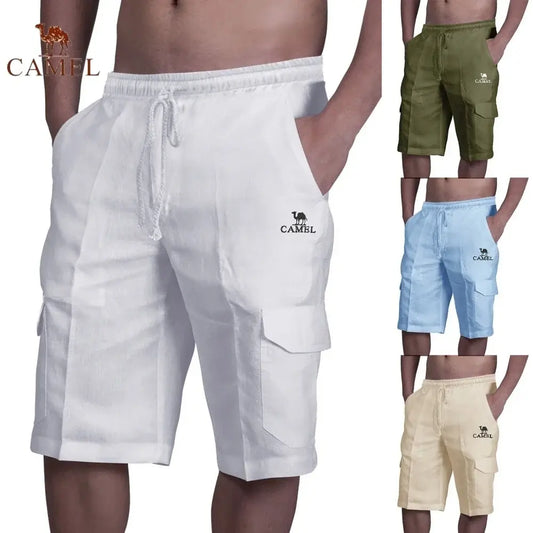 High End Embroidered CAMEL Pure Cotton Linen Shorts for Men's Summer Fashion, Casual, Comfortable and Breathable Beach Swimwear